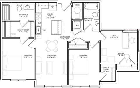Floor plan for 2 beds, 2 baths, 1112 sqft
